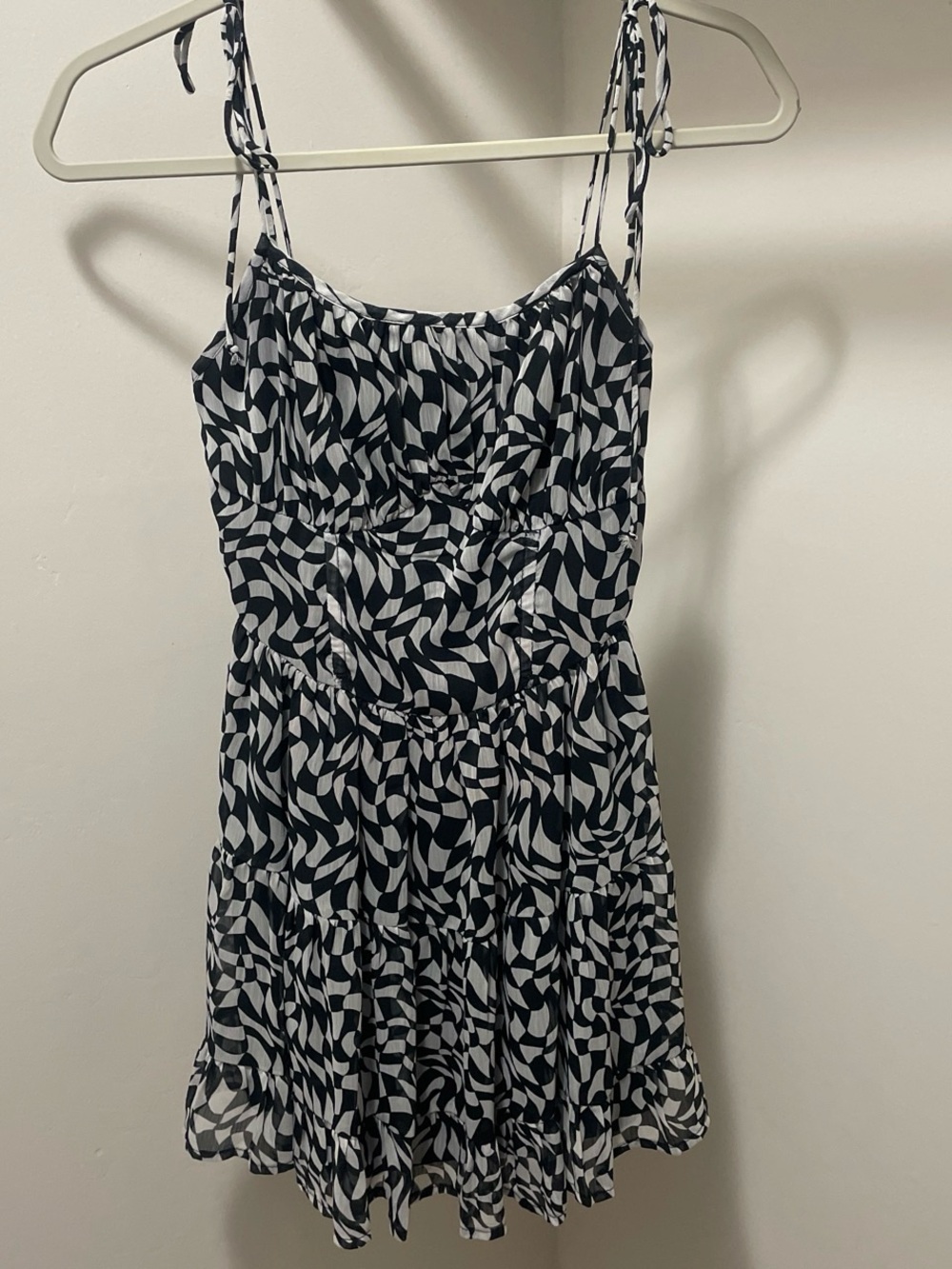 Black & White Patterned Tie-Shoulder Mini Dress